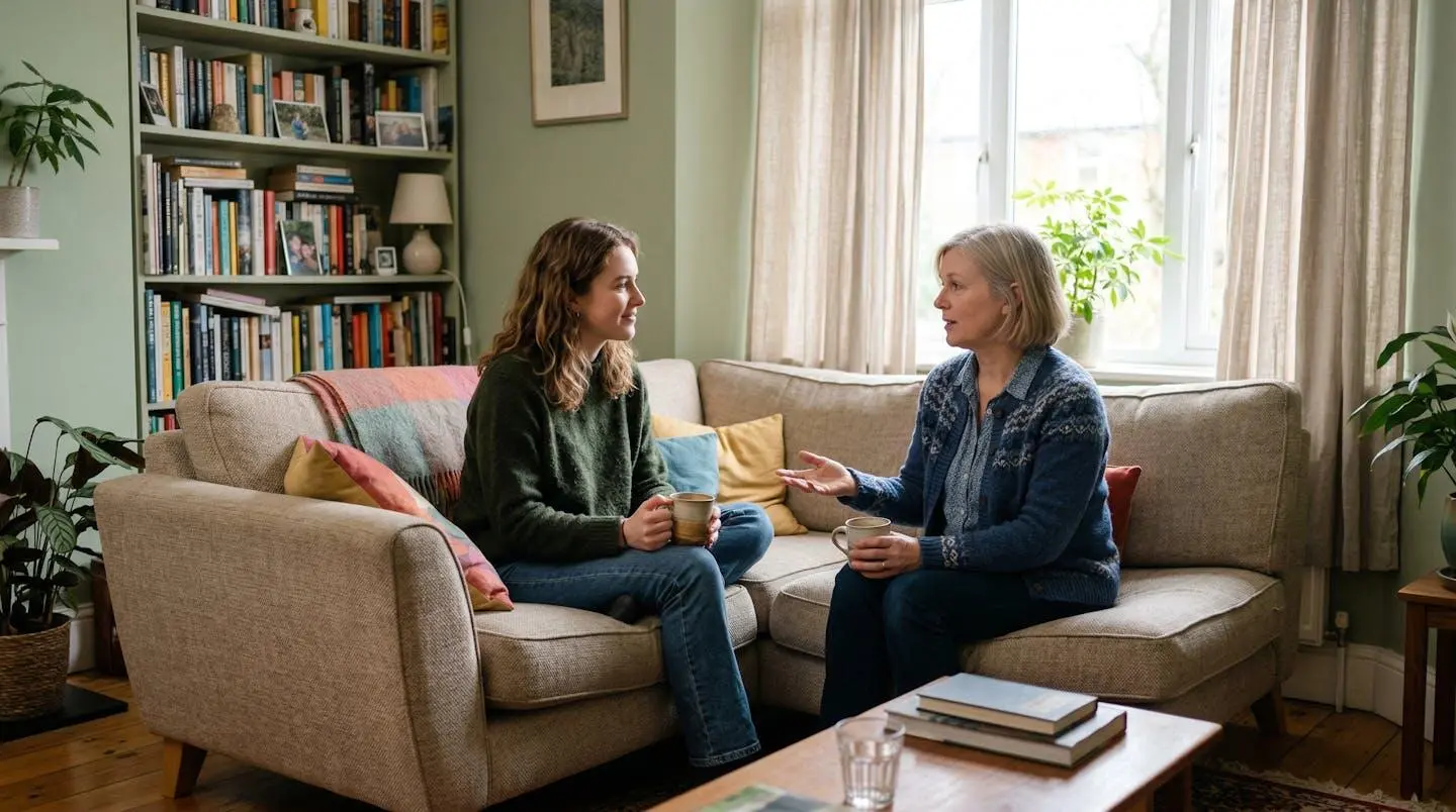 Discussion entre un parent et un lycéen sur l'orientation scolaire vers les études de santé dans un salon familial