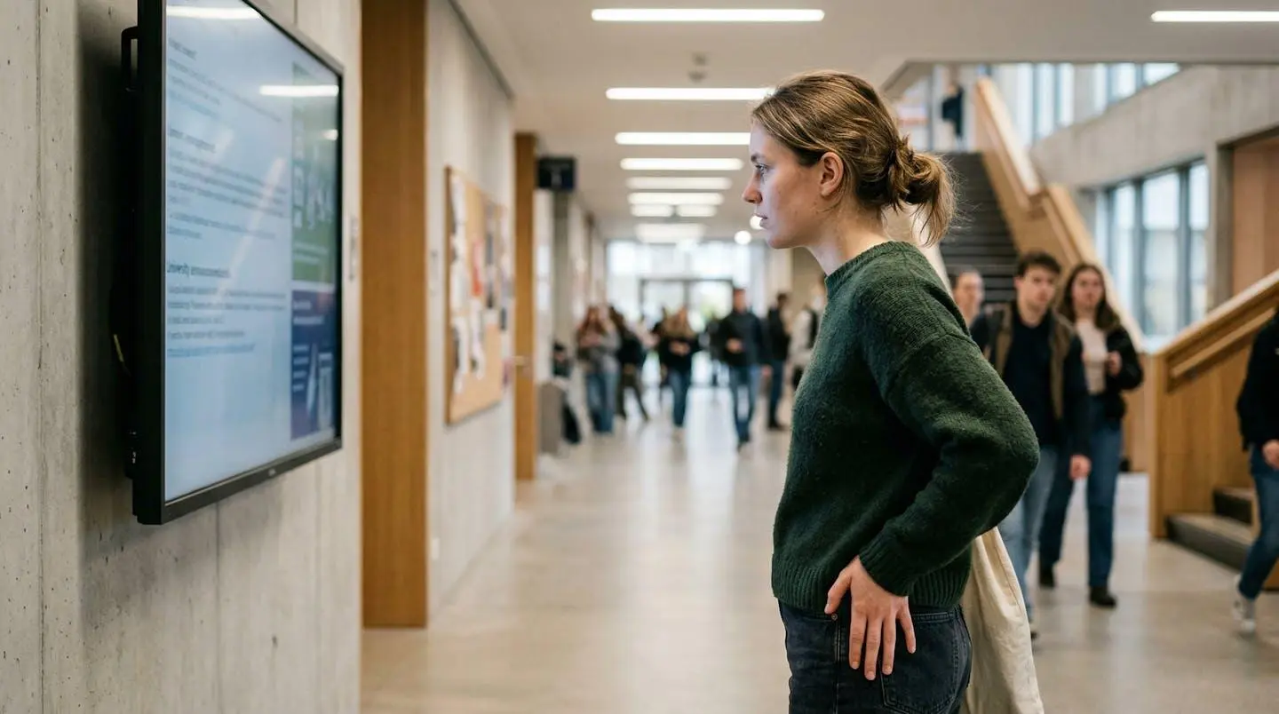 Étudiant consultant un écran d'information dans le couloir d'une université française pour comprendre les exigences LSPS
