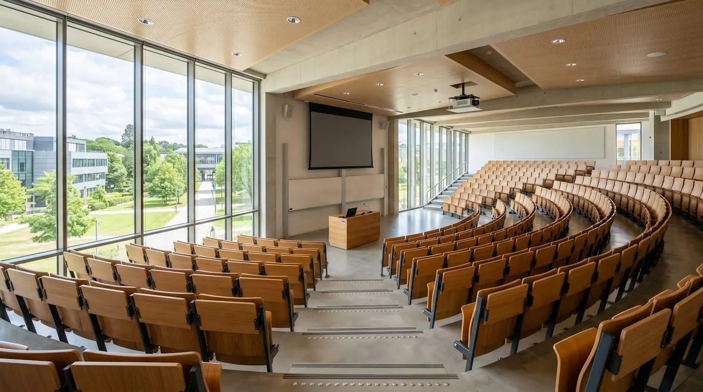 Grand amphithéâtre universitaire moderne et lumineux, vide avec quelques sièges pliants en bois clair, larges baies vitrées laissant entrer une lumière naturelle abondante