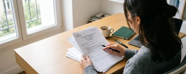 Une lycéenne vue de dos, assise à un bureau moderne et lumineux, consulte des documents universitaires pour préparer son orientation en études de santé