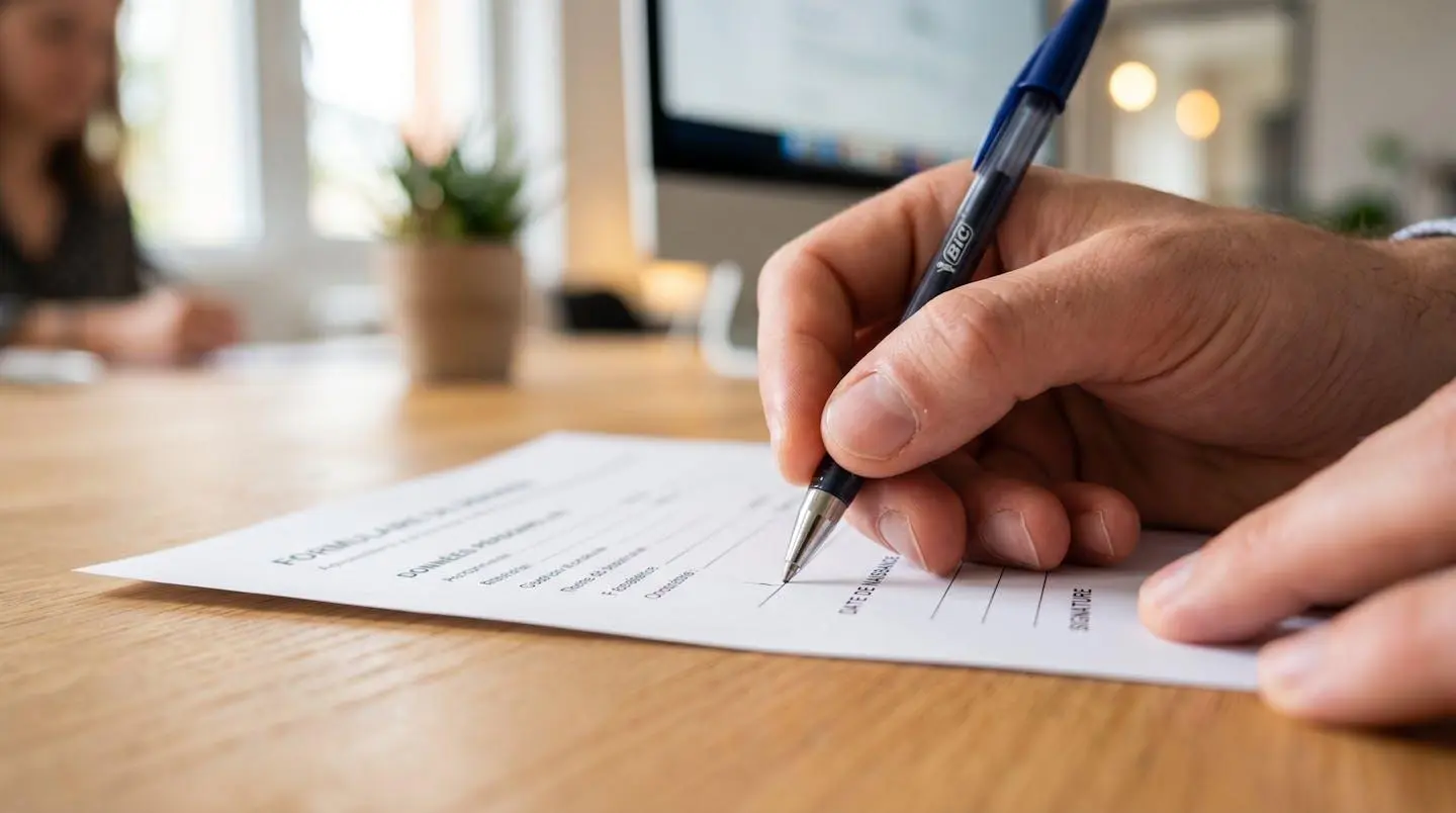 Gros plan sur une main remplissant un formulaire administratif d'inscription posé sur une surface en bois clair, avec un stylo en focus et un arrière-plan flouté