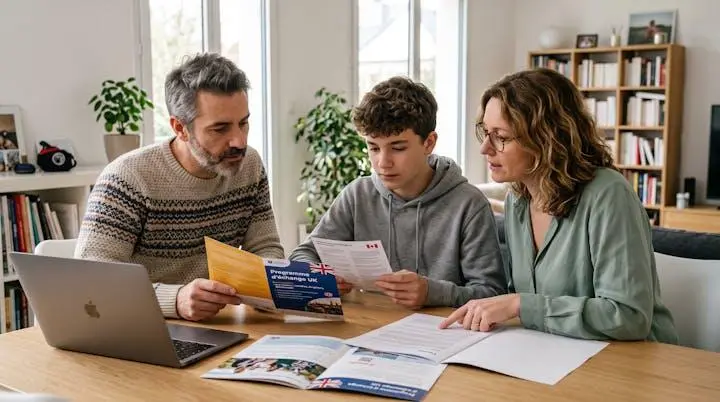 Famille française réunie autour de brochures de programmes d'échanges scolaires UK et Canada, comparant les options pour le choix de destination