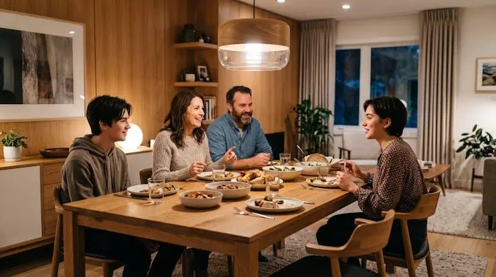 Lycéen français partageant un repas chaleureux avec sa famille d'accueil canadienne dans une salle à manger contemporaine