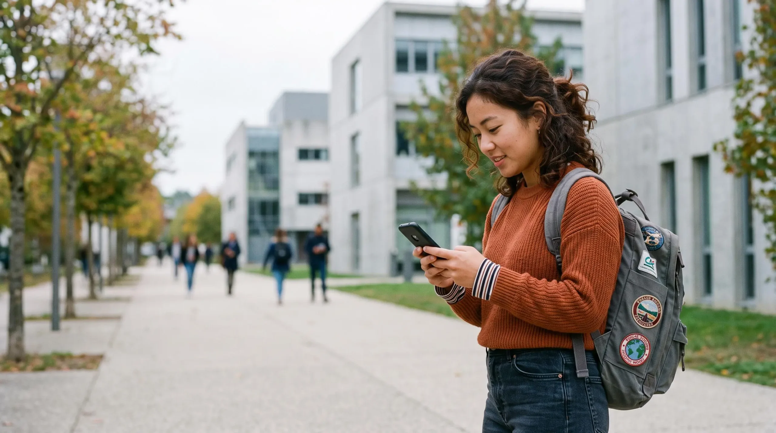 Un étudiant étranger consulte son application bancaire mobile sur son smartphone dans un environnement universitaire français