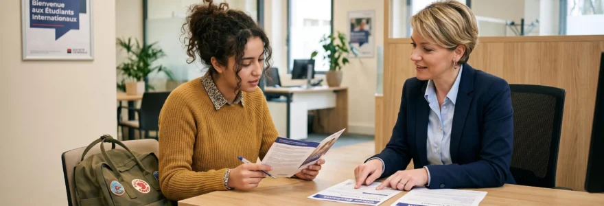 Un étudiant étranger rencontre un conseiller bancaire dans une agence moderne en France pour discuter des options d'ouverture de compte
